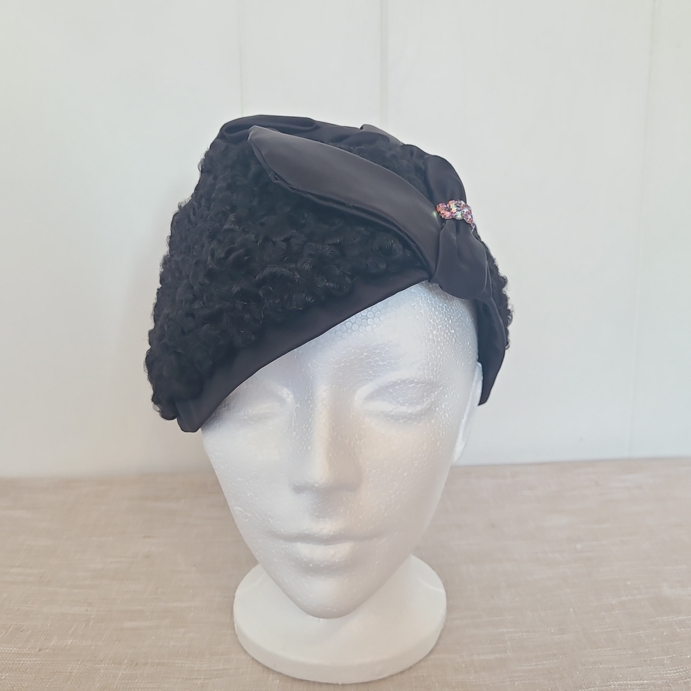 Vintage Black Cocktail Hat Satin Bow Rhinestone Accent Church Fascinator